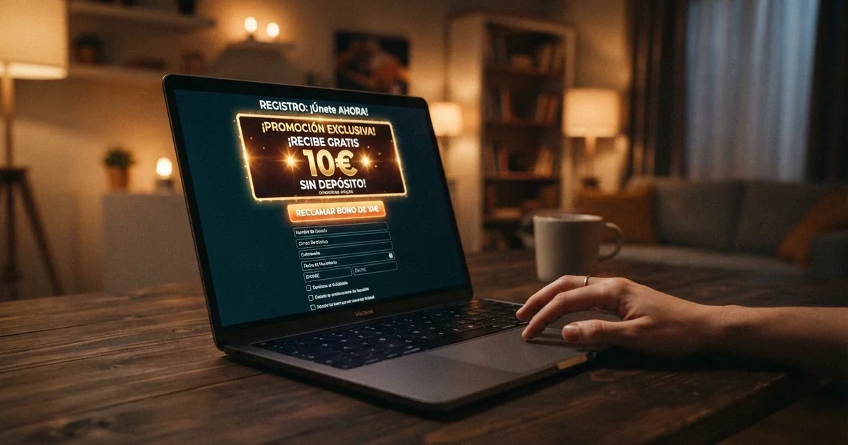 Pantalla de registro en un casino online español con una oferta de 10 euros de bono sin depósito destacada en la página de promociones