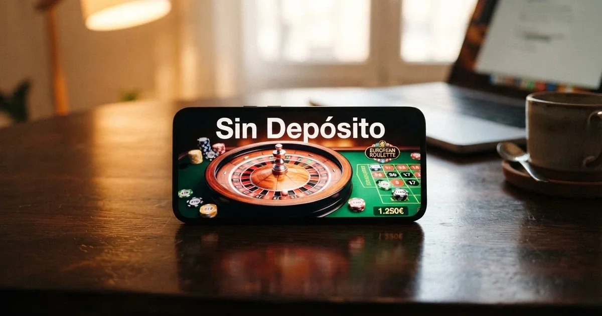 Pantalla de móvil mostrando una ruleta de giros gratis en un casino online español con el mensaje «sin depósito» destacado en pantalla