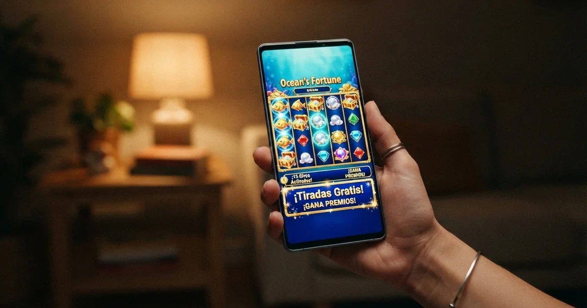 Pantalla de un casino online español mostrando una promoción de tiradas gratis sin depósito junto a los rodillos de una tragaperras