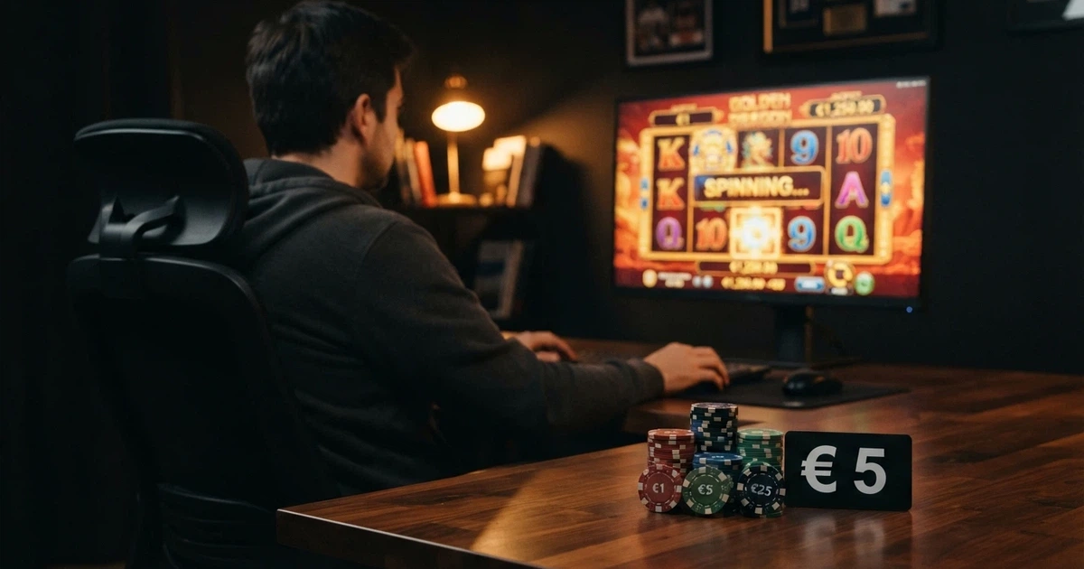 Un jugador frente a una pantalla con fichas de casino y un cartel de «5€ sin depósito» en primer plano, sin marcas reales visibles