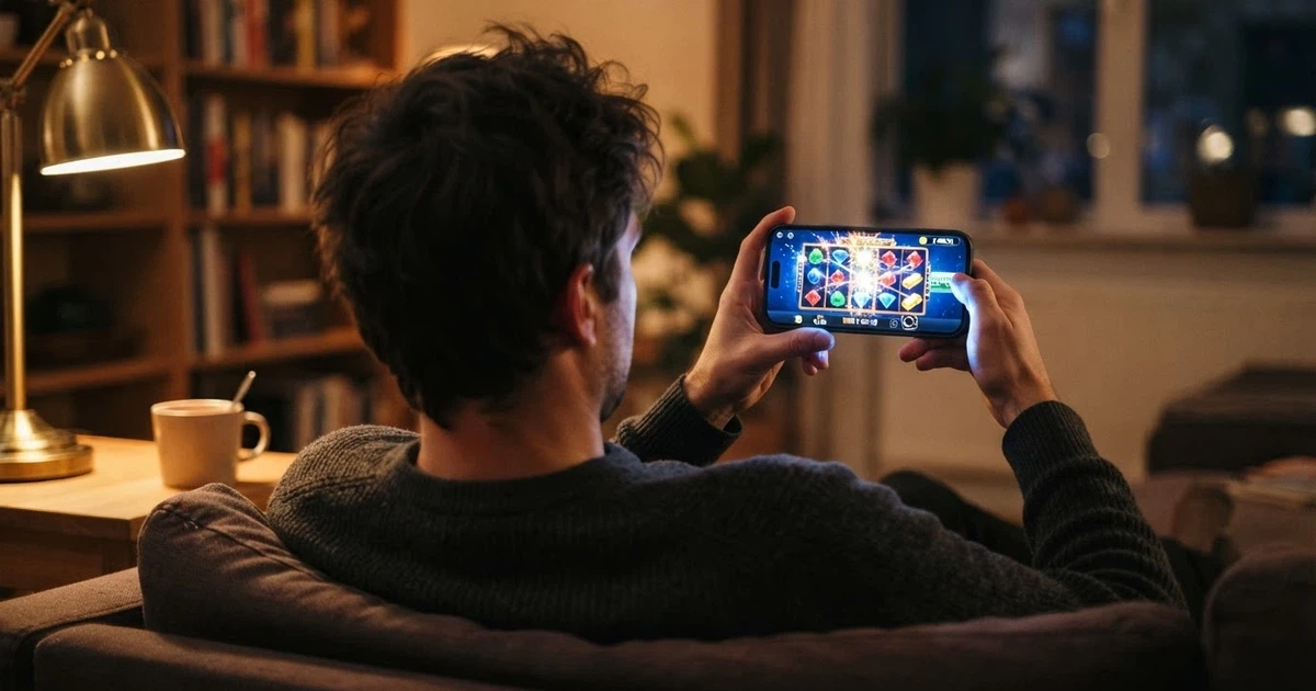 Una persona sostiene un teléfono móvil en posición horizontal con una tragaperras de colores brillantes en la pantalla y el logotipo de un casino español visible