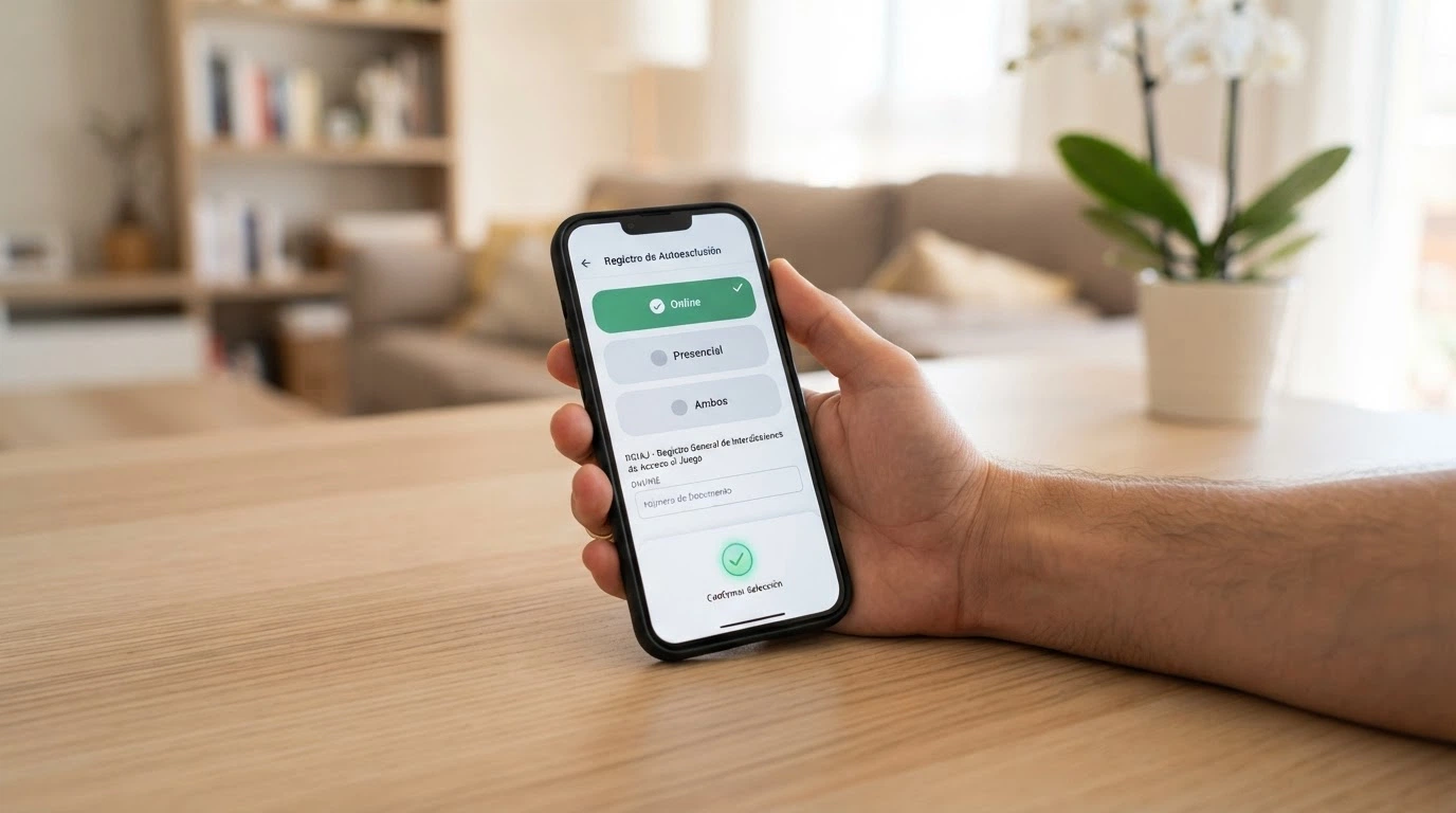 Pantalla de la app STOP Juego de la DGOJ mostrando las opciones de inscripción en el RGIAJ: ámbito online, presencial o ambos