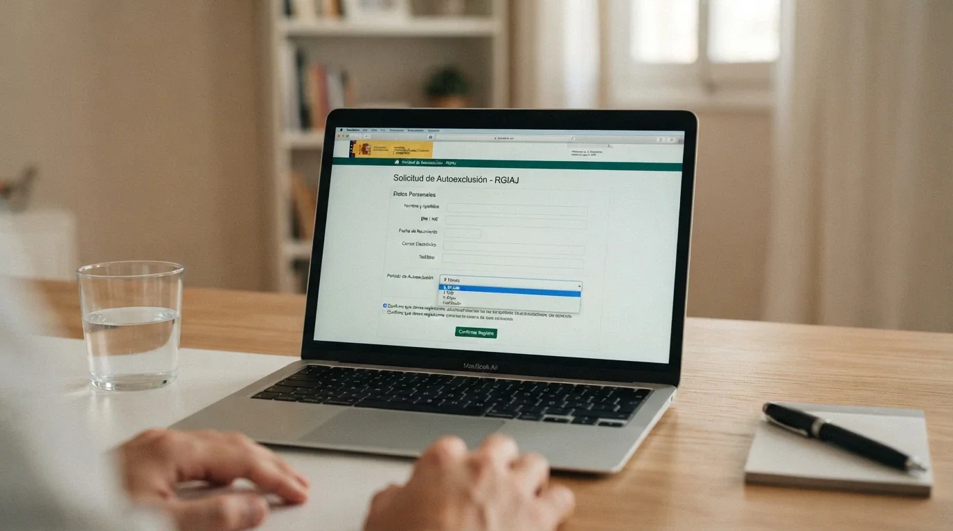 Pantalla del formulario de inscripción al RGIAJ en la web de la DGOJ con los campos de datos personales y el apartado de duración de la autoexclusión