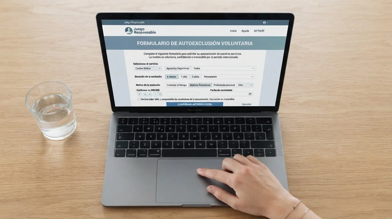 Interfaz de un formulario de autoexclusión en pantalla con las opciones visibles, tono sobrio y profesional, sin dramatismo