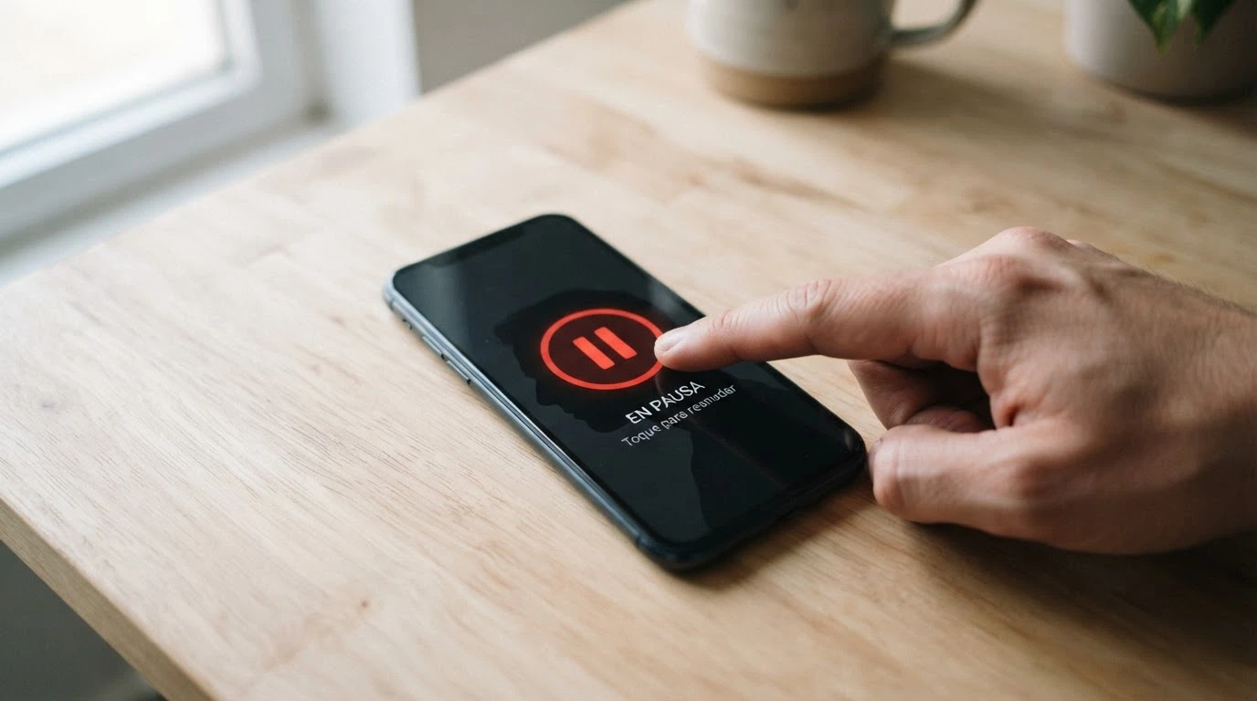 Un botón rojo de pausa sobre la silueta de un teléfono móvil
