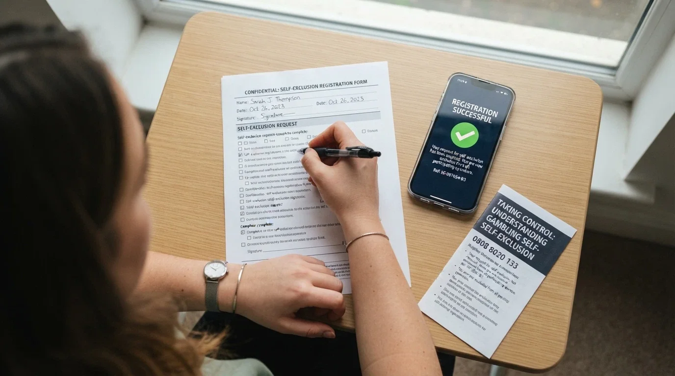 Formulario de inscripción en el registro de autoprohibición junto a un teléfono de ayuda