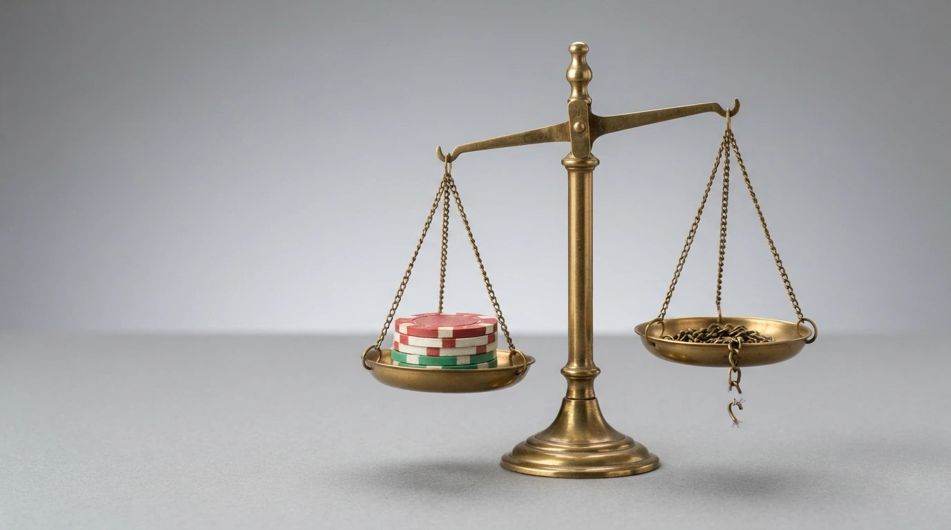 Una balanza con fichas de casino en un platillo y una cadena rota en el otro, sobre un fondo neutro