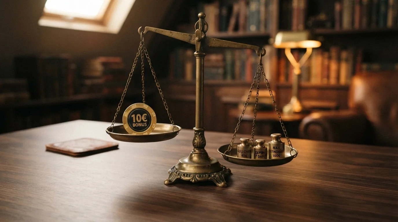 Balanza con un bono de 10€ en un platillo y en el otro las condiciones de rollover, caducidad y retiro máximo, representadas como pesas que inclinan la decisión