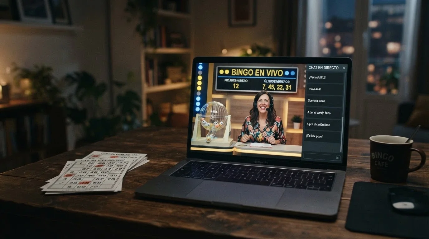 Sala de bingo en vivo con locutor real en pantalla, varios cartones digitales activos simultáneamente, el marcador de bolas extraídas visible y el chat de jugadores en el lateral durante una partida cantada