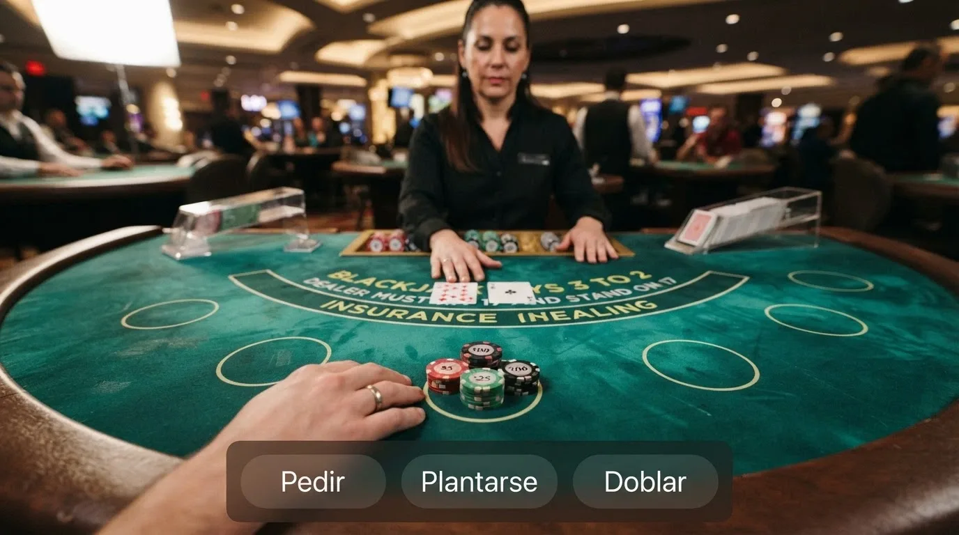 Mano de blackjack en vivo con el dealer mostrando sus cartas, la mesa vista desde la perspectiva del jugador y las opciones de plantarse, pedir o doblar en pantalla.