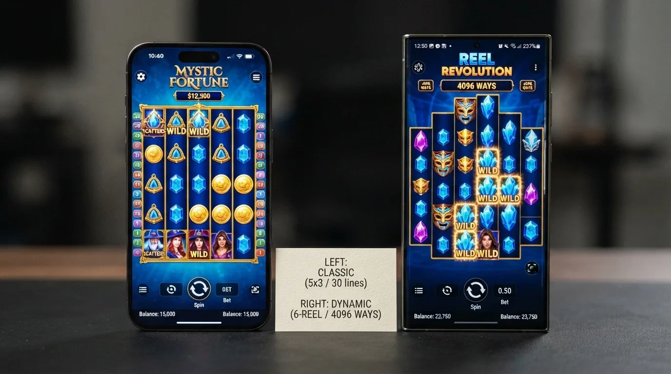 Dos pantallas enfrentadas del slot Blue Wizard: la versión clásica 5×3 a la izquierda y la versión Megaways con contador de líneas variables a la derecha