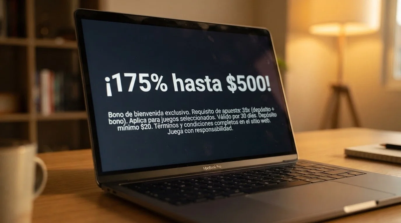 Un primer plano de una pantalla con la cifra «175% hasta $500» en grande y, debajo, un texto pequeño con los requisitos de apuesta