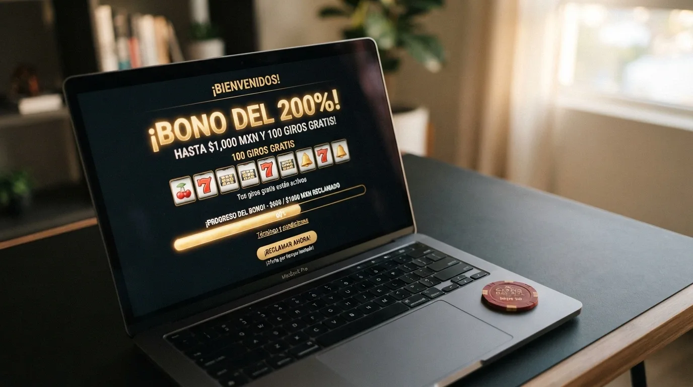 Pantalla de bono de bienvenida en un casino con criptomonedas mostrando el porcentaje de igualación y los giros gratis