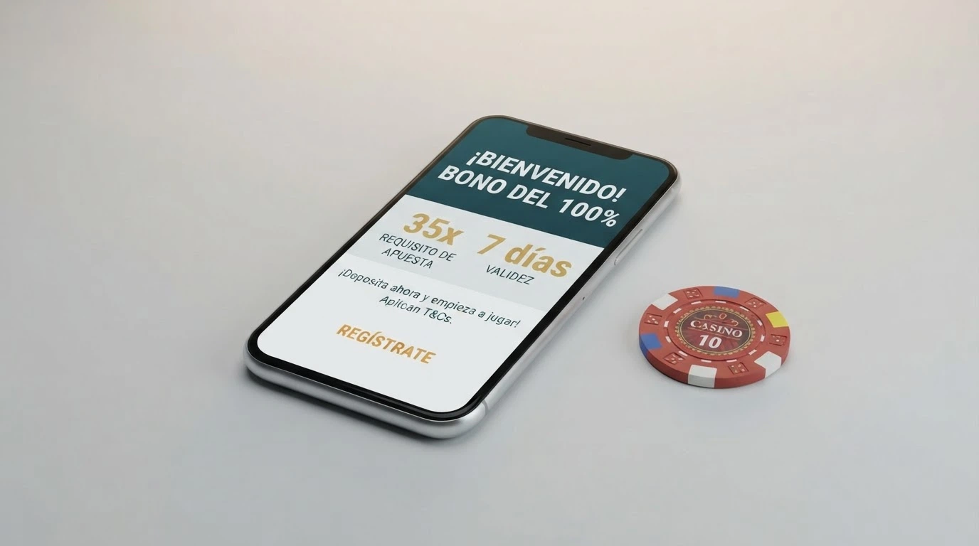 Pantalla de términos de un bono de bienvenida con las cifras de requisito de apuesta, vigencia y contribución por tipo de juego