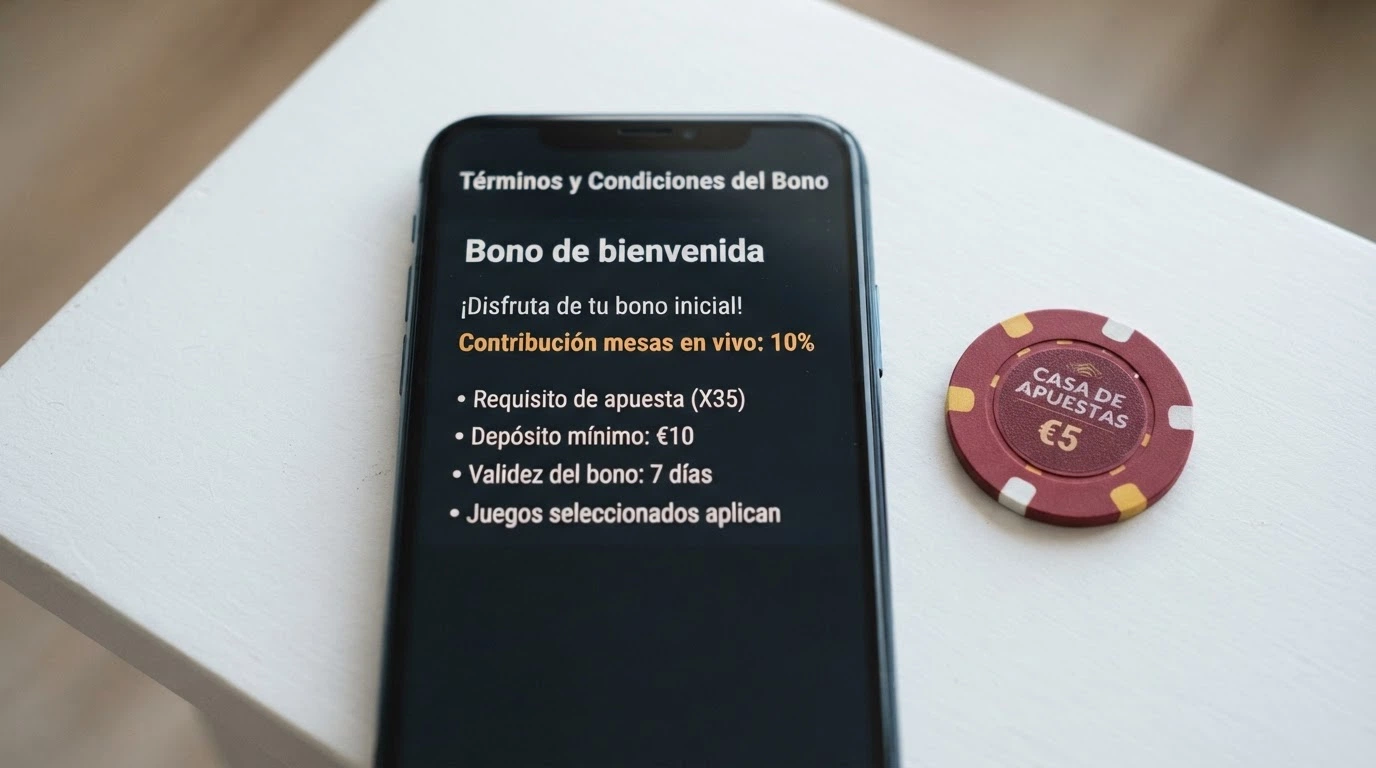 Pantalla de condiciones de un bono de bienvenida con los términos de wagering y contribución por tipo de juego resaltados, junto a una ficha de casino.