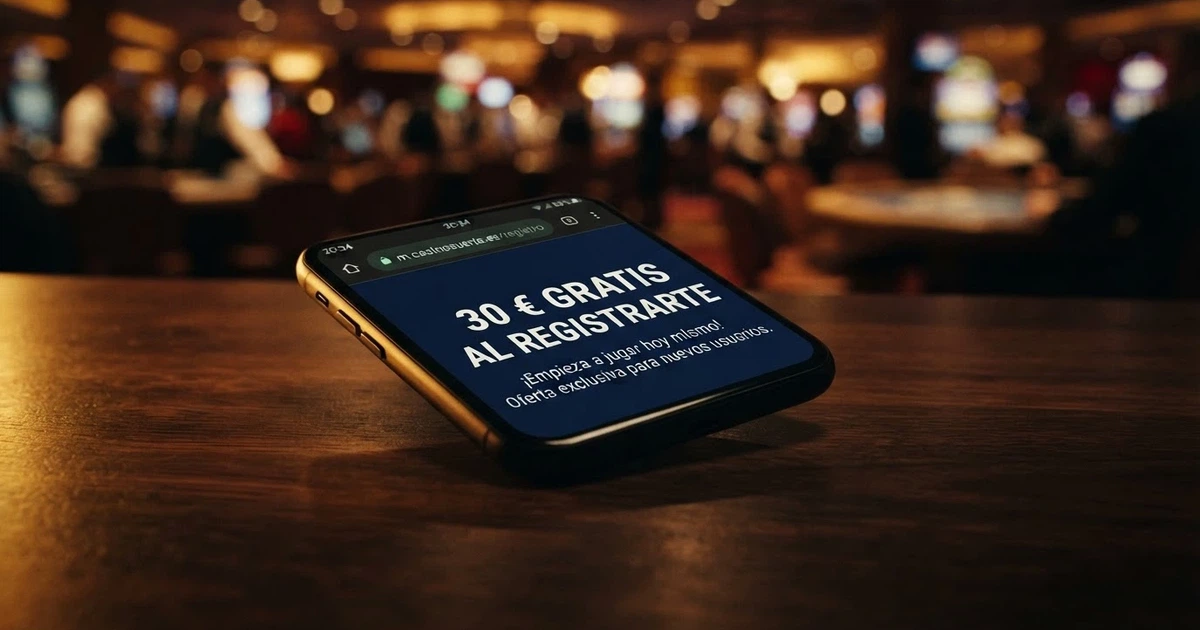 Pantalla de un casino online español mostrando una oferta de bono sin depósito con el texto «30€ gratis al registrarte» junto al candado de conexión segura
