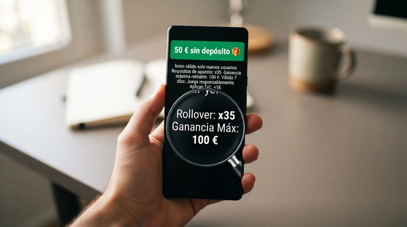 Un móvil mostrando una notificación de «50 € de bono sin depósito» con una lupa sobre la letra pequeña donde se leen condiciones de rollover y ganancia máxima