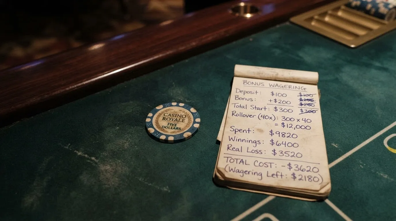 Un bono de bienvenida de casino con el importe tachado y a su lado la cifra real tras aplicar el rollover, sobre un fondo de mesa de juego