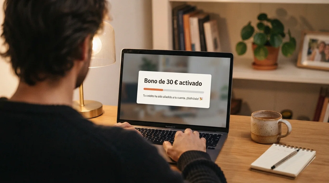 Una pantalla de ordenador mostrando una notificación de «Bono de 30 € activado» con el logo de un casino y una barra de progreso de rollover parcialmente completada