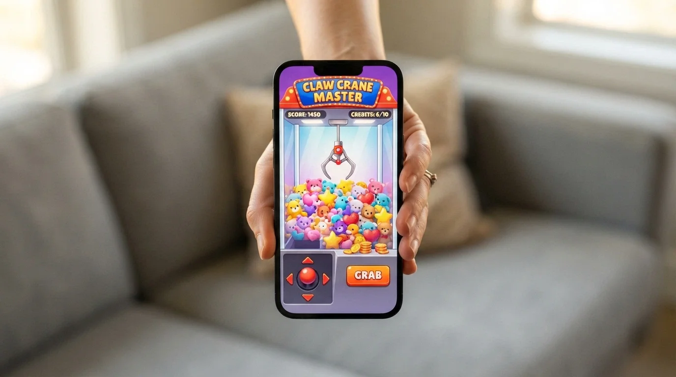 Una mano sujetando un teléfono en vertical que muestra la interfaz del Bonus Crab en el navegador, con la garra lista para activarse