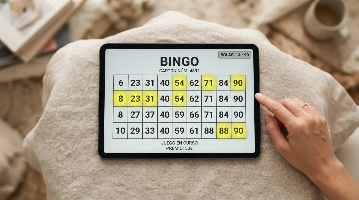 Cartón digital de bingo de 90 bolas con tres filas y nueve columnas, varios números ya marcados en amarillo, la línea a punto de completarse y el contador de bolas extraídas en la esquina superior