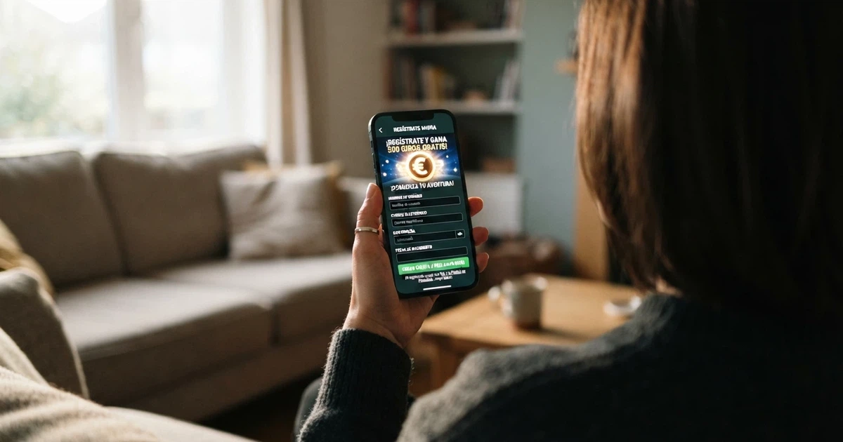 Un móvil mostrando la pantalla de registro de un casino online español con la promoción de tiradas gratis destacada