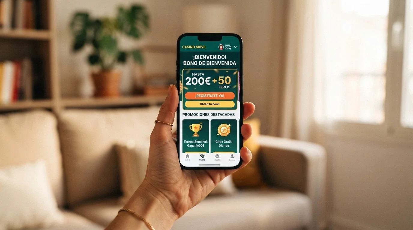 Mano sosteniendo un teléfono móvil con la app de un casino español abierta en la sección de promociones de bienvenida