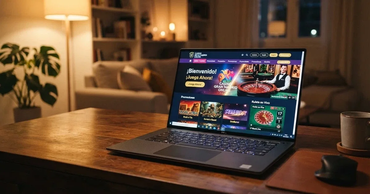 Pantalla de inicio de CasinoBarcelona.es en un ordenador portátil, con el logo del operador, el mensaje de bienvenida y el acceso a slots y ruleta en vivo visibles en primer plano
