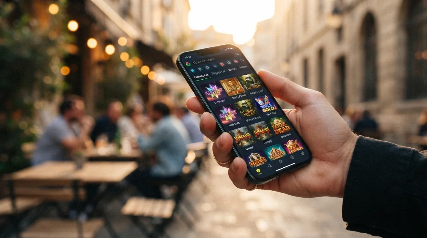 Teléfono móvil mostrando la interfaz adaptada de un casino online que acepta BNB con varios slots en miniatura
