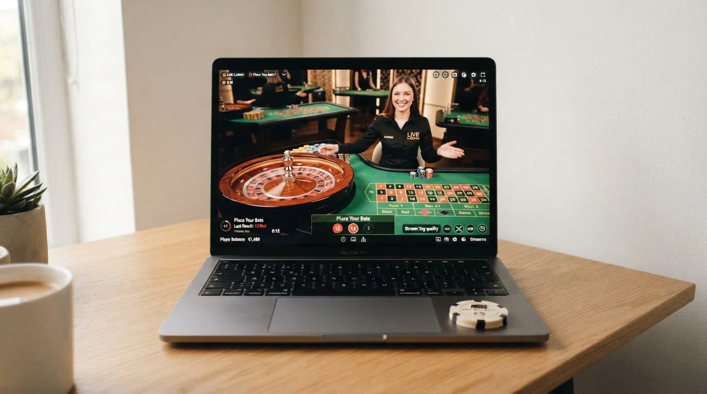 Una mesa de ruleta en vivo con crupier real transmitida en la pantalla de un ordenador portátil, con fichas y el logotipo del casino visibles