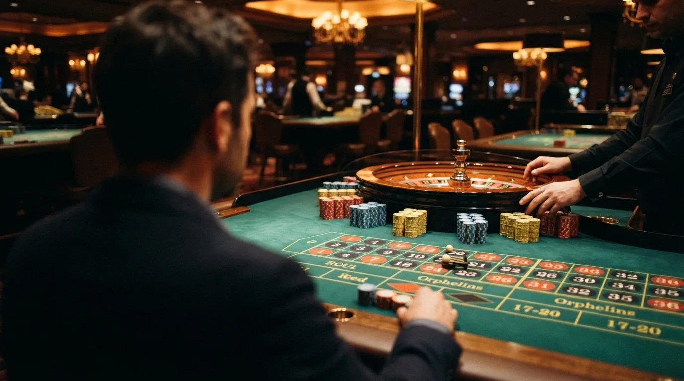 Jugador español concentrado ante una mesa de ruleta en vivo de Evolution con fichas ordenadas frente a él y el crupier visible al fondo en un entorno de luz cálida