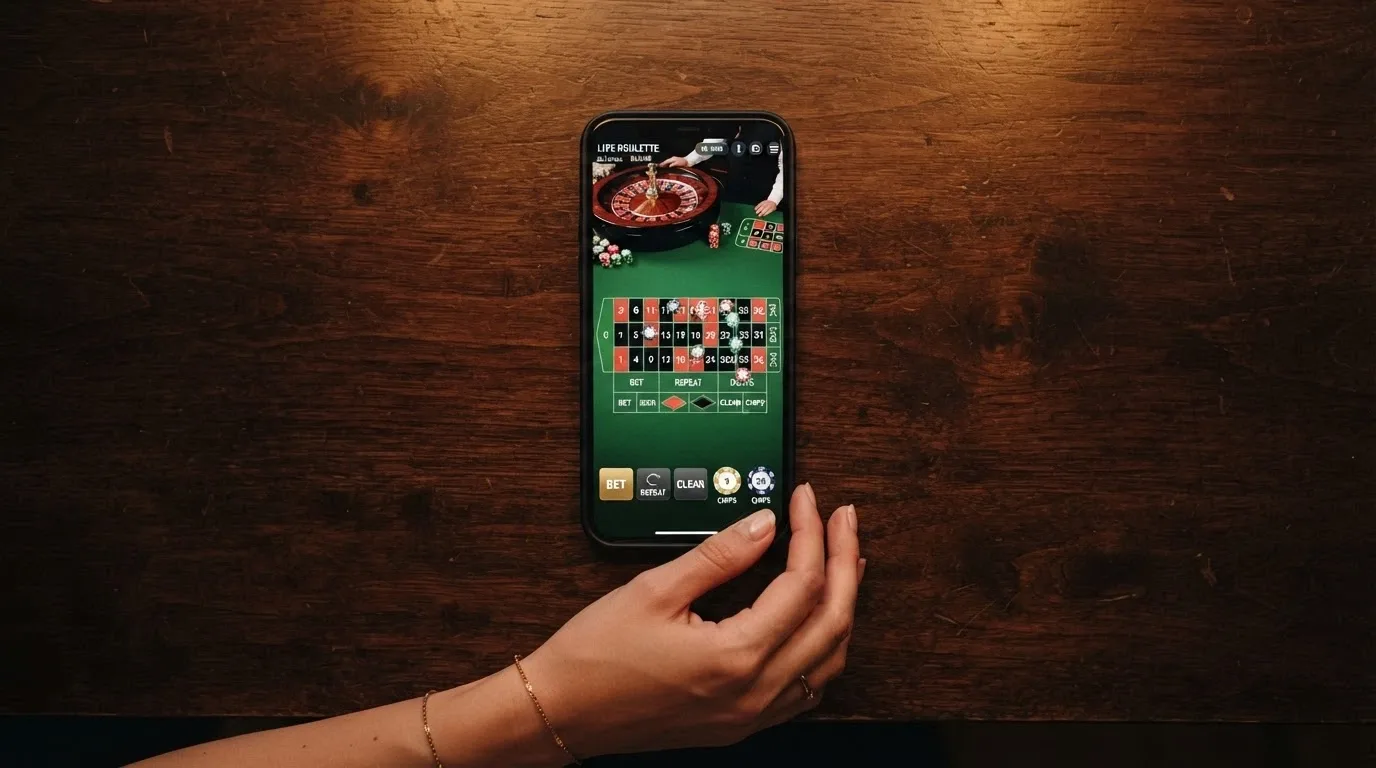 Mano de un jugador sosteniendo un teléfono móvil con una mesa de ruleta en vivo de Evolution en la pantalla y fichas de apuesta visibles en la interfaz táctil