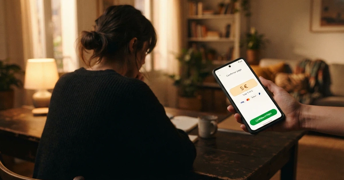 Jugador consultando el cajero de un casino online español en el móvil, con el importe de 5 euros en pantalla