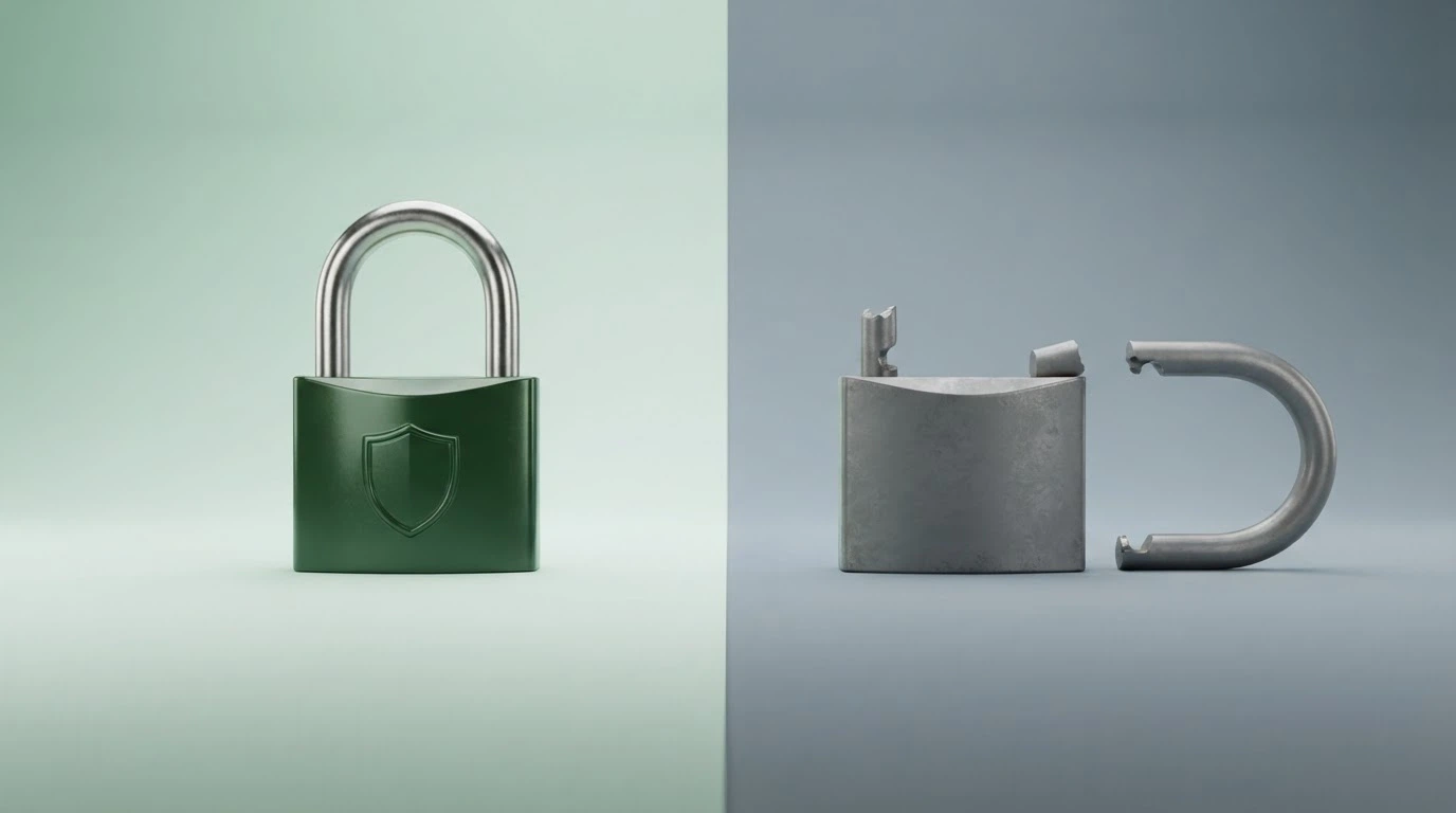 Dos columnas enfrentadas: a la izquierda un candado verde con el escudo de la DGOJ, a la derecha un candado roto sobre fondo gris