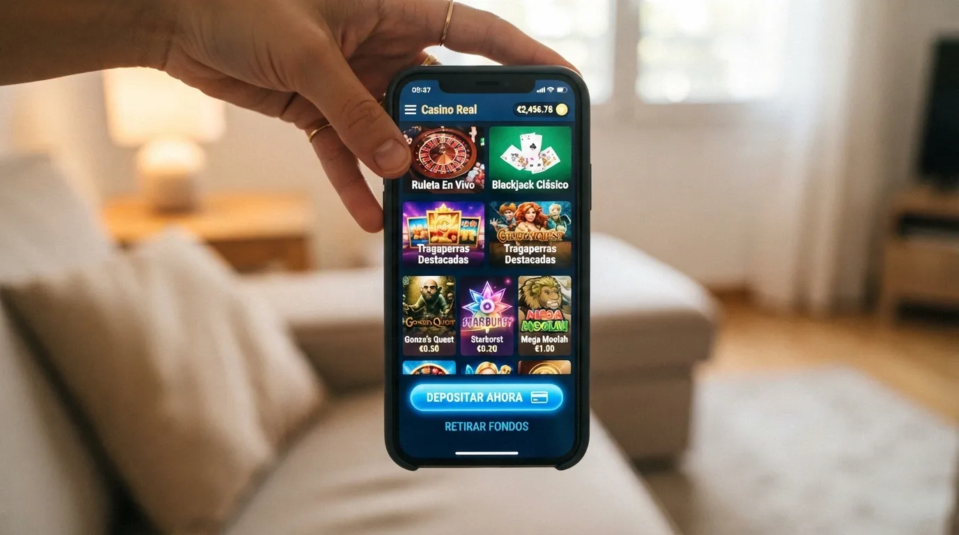 Una mano sosteniendo un iPhone en vertical con la interfaz de un casino español y el botón de Apple Pay visible