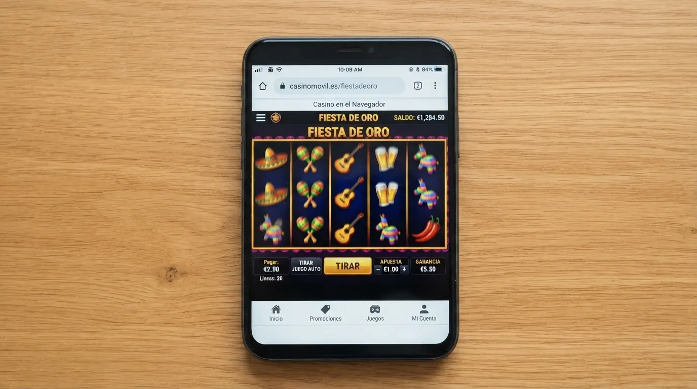 Una mano sostiene un teléfono que muestra una interfaz de casino en el navegador, sin icono de app instalada