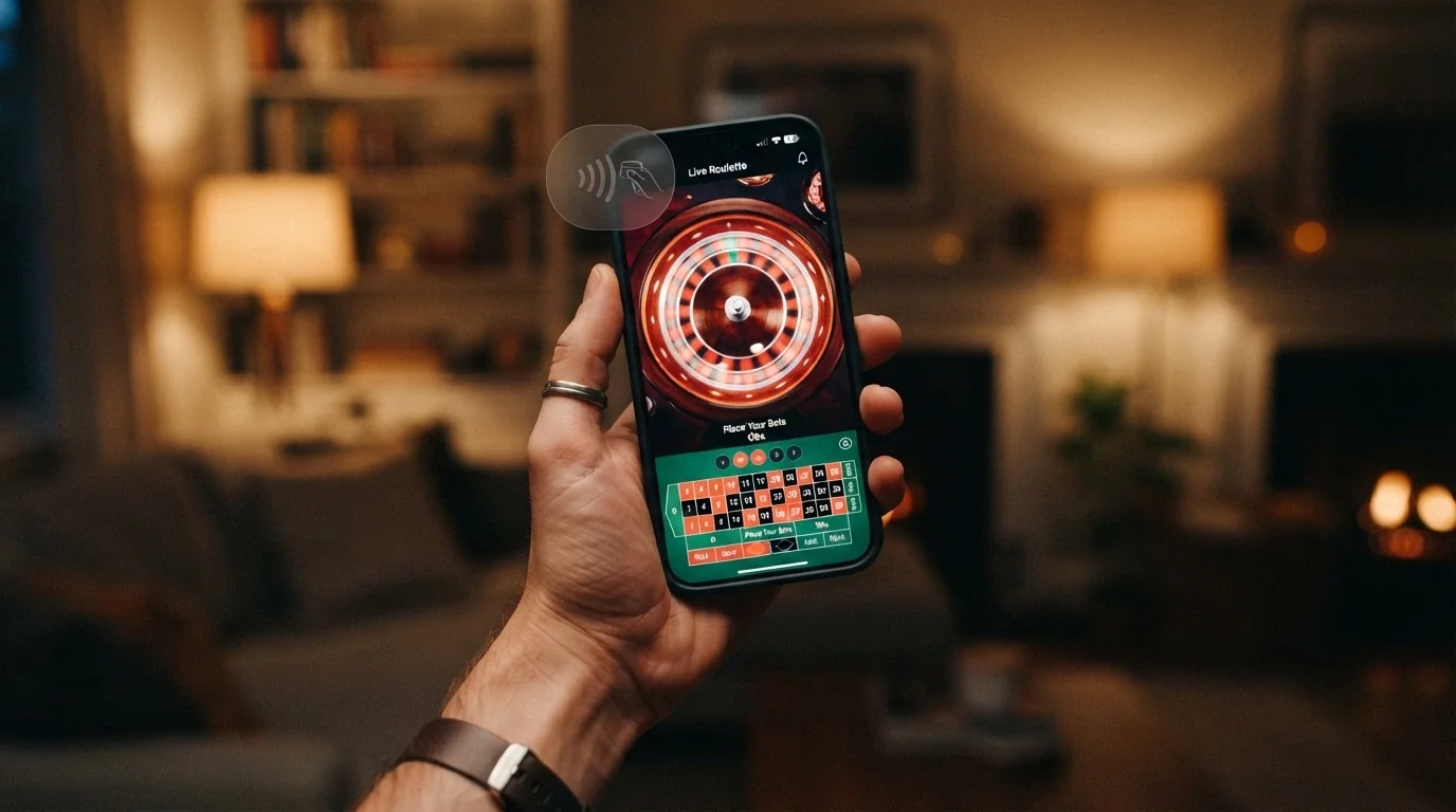 Una mano sosteniendo un teléfono con una ruleta de casino en vivo en la pantalla y el icono de pago contactless superpuesto