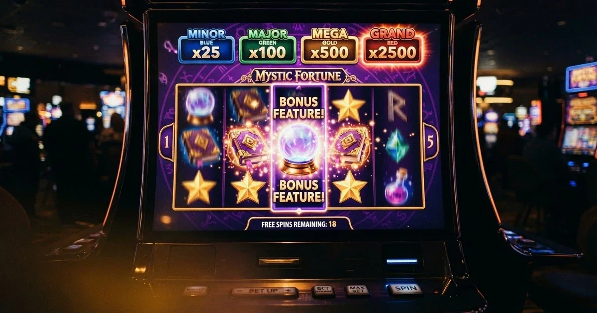 Pantalla de una tragaperras Fire Blaze con los símbolos de bonus y los cuatro jackpots visibles en la parte superior