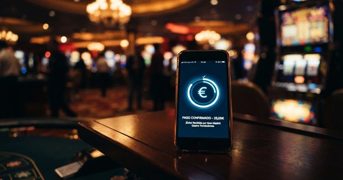 Un iPhone mostrando la pantalla de pago con Apple Pay sobre el fondo de un casino online español