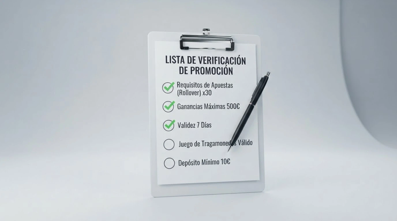 Una lista de verificación con cinco criterios y un icono junto a cada uno: rollover, ganancia máxima, validez, slot y depósito