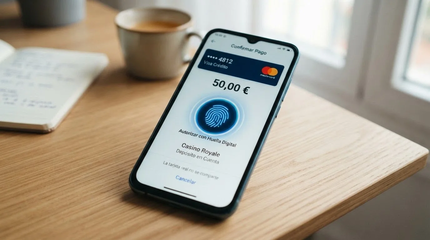 La interfaz de Wallet de un iPhone con la confirmación biométrica Face ID durante un pago a un casino