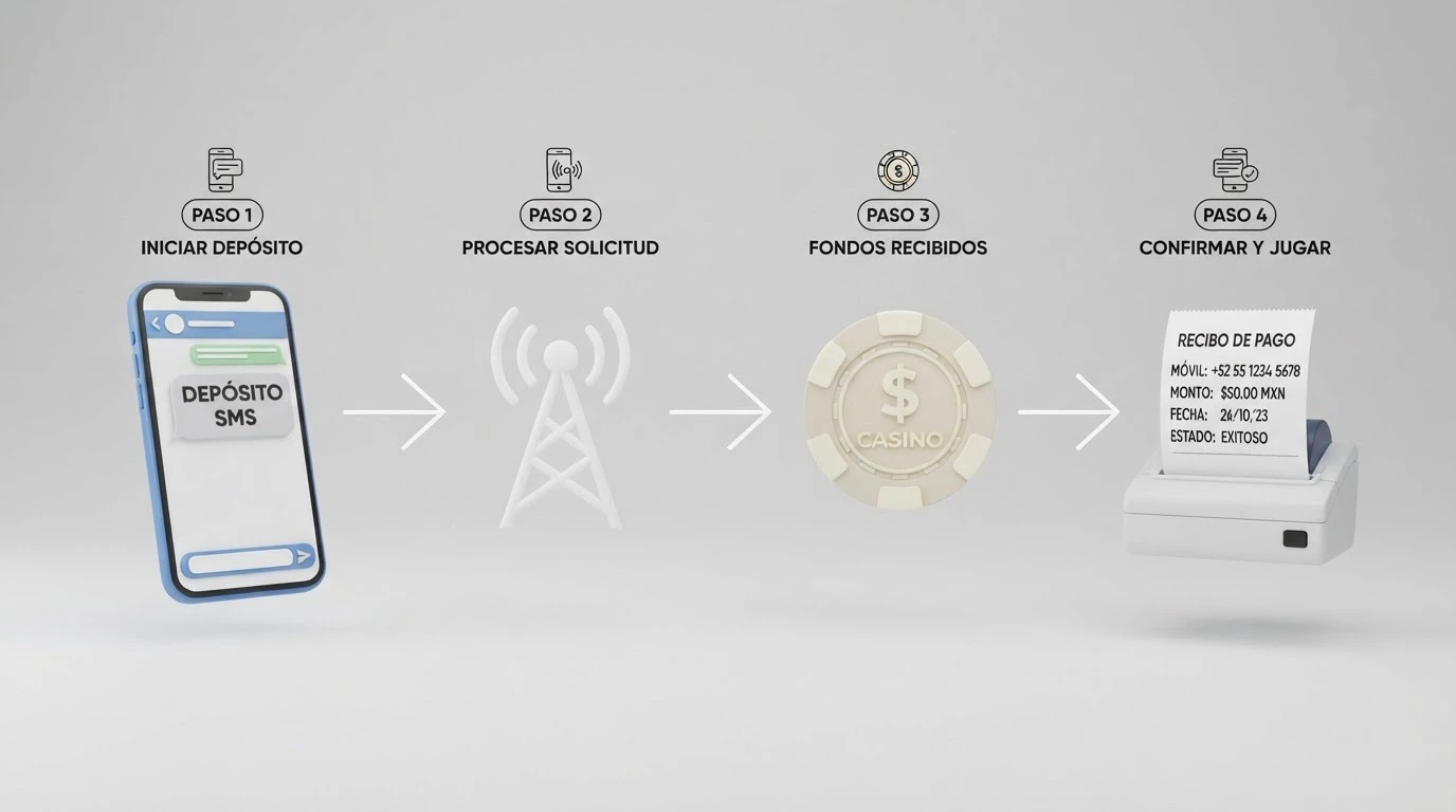 Diagrama con flechas que muestra el flujo de un depósito por SMS: jugador, SMS premium, operadora telefónica, casino, factura mensual