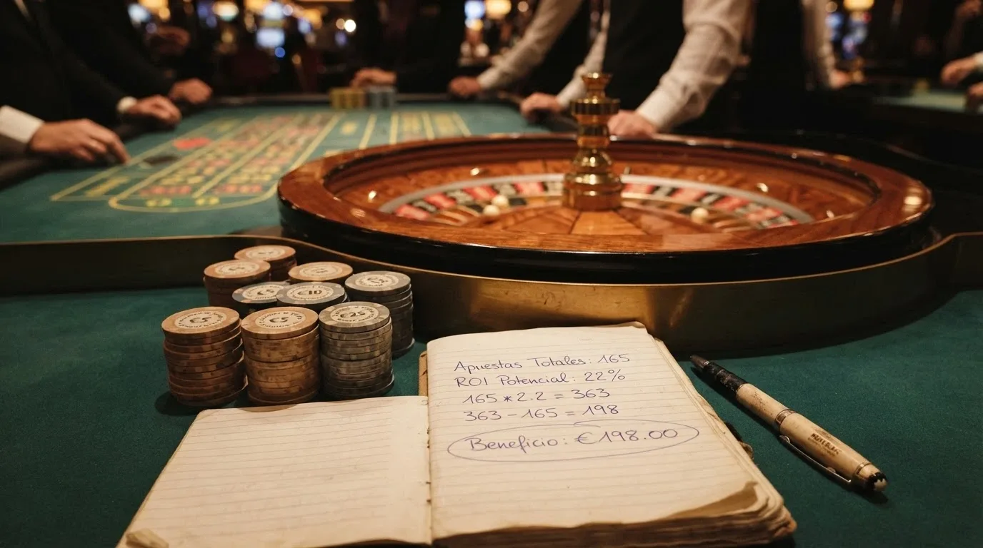 Primer plano de una ruleta de casino con fichas apiladas y una calculadora al lado