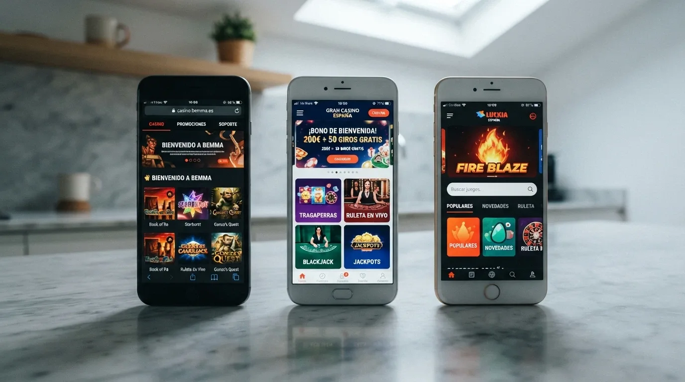 Tres teléfonos distintos apoyados sobre una mesa mostrando cada uno la pantalla de inicio de una app de casino diferente con el dominio .es visible en la barra