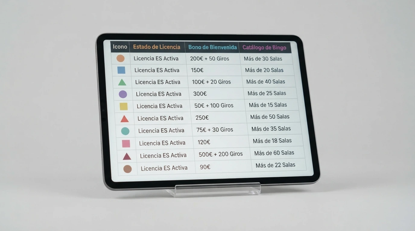 Tabla comparativa con los logotipos de los operadores de bingo online revisados, columnas con la licencia DGOJ, el bono de bienvenida y el catálogo de bingo de cada uno
