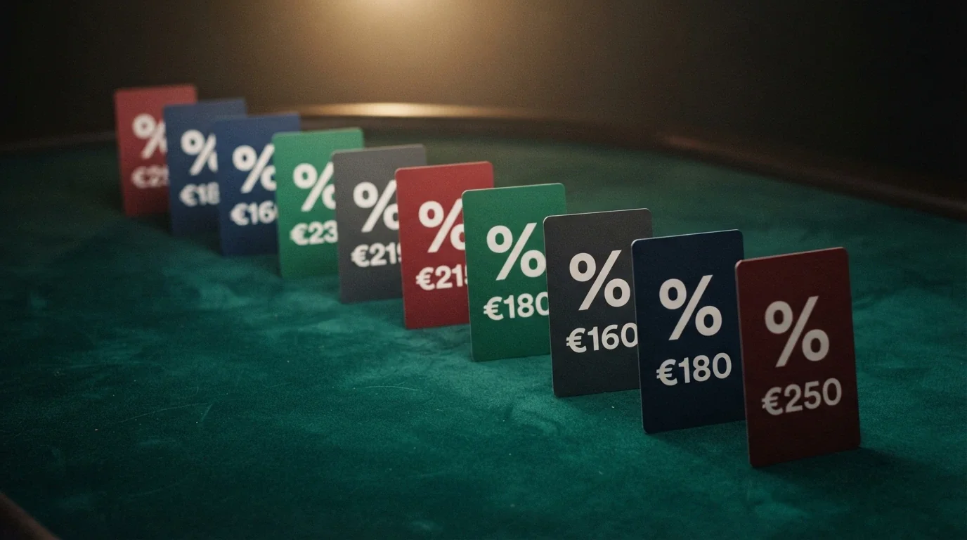 Diez tarjetas de casino alineadas sobre una mesa, cada una con el nombre del operador, el porcentaje del bono y el importe máximo visibles en primer plano