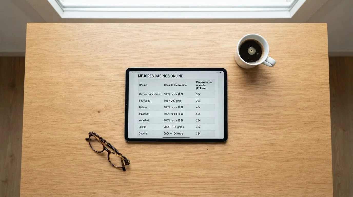 Una vista cenital de una mesa con una tableta mostrando una tabla comparativa de casinos, un café y unas gafas