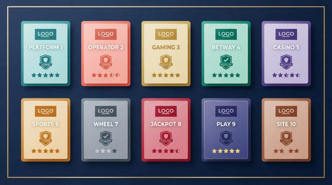 Una cuadrícula con las fichas de diez casinos online españoles, cada una con su logo, puntuación y el distintivo de licencia DGOJ
