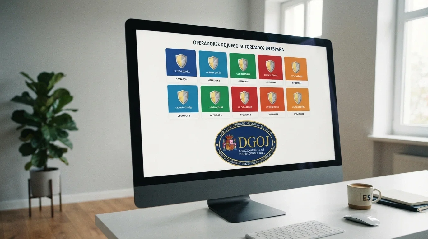 Pantalla dividida con los logotipos oficiales de los operadores DGOJ destacados ordenados en cuadrícula junto al sello de la DGOJ