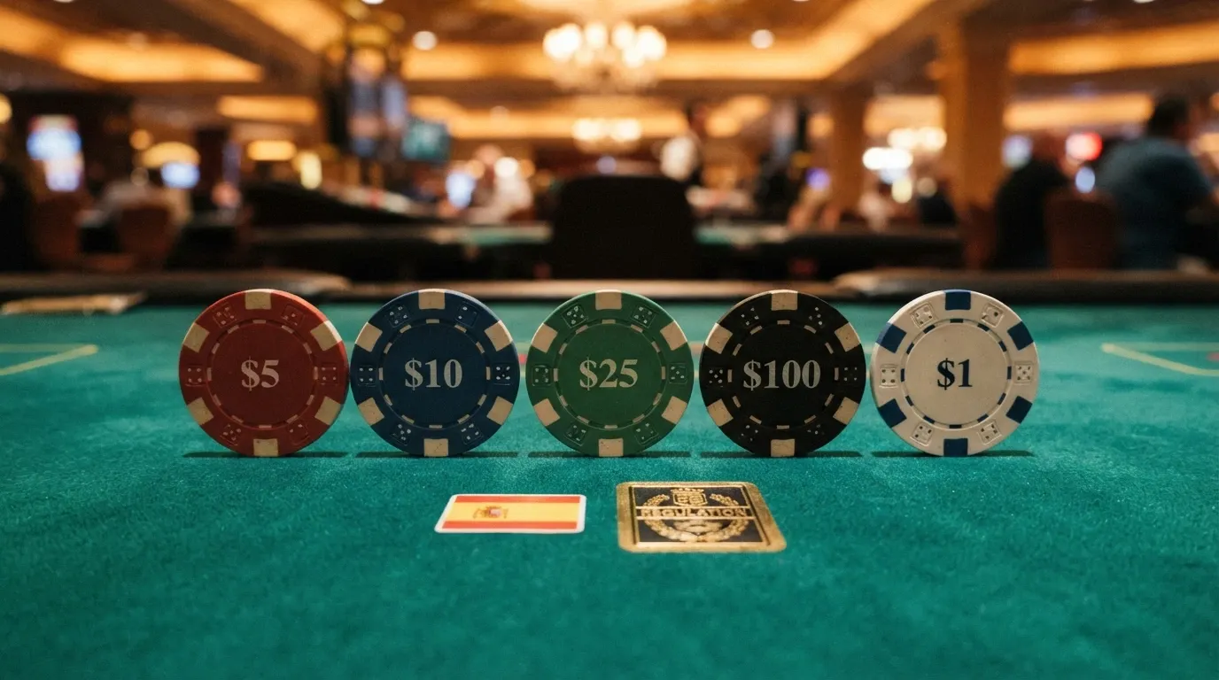 Una fila de fichas de casino con la bandera de España y el sello DGOJ sobreimpreso, ordenadas sobre un tapete verde